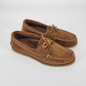 Sperry boat shoes men's authentic suede leather two eye topsider tan brown 10.5